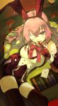  1girl absurdres ace_(playing_card) ace_of_hearts animal_ear_hairband animal_ears bebebel_a bow bowtie breasts card casino commentary_request eyepatch facial_mark fake_animal_ears gloves hair_between_eyes hairband hand_on_own_hip hand_up heart heart_facial_mark highres index_finger_raised long_hair looking_at_viewer megurine_luka megurine_luka_(temptation) number_tattoo pink_bow pink_bowtie pink_hair playboy_bunny playing_card project_diva_(series) rabbit_ears red_gloves shorts solo tattoo temptation_retaliate thighhighs tongue tongue_out vocaloid 
