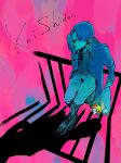  1boy against_railing boots bouquet character_name closed_mouth coat commentary_request gundam highres holding holding_bouquet kai_shiden male_focus mi_(rokudenashi) mobile_suit_gundam pants pink_background railing ribbed_sweater short_hair solo sweater 