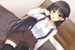  1girl black_hair black_thighhighs blush brown_skirt cafe_stella_to_shinigami_no_chou collarbone collared_shirt commentary cowboy_shot dress_shirt dutch_angle earrings eyelashes eyes_visible_through_hair flower frown hair_behind_ear hair_between_eyes hair_flower hair_ornament hair_ribbon hairclip hand_up high-waist_skirt highres indoors jewelry knee_up leg_ribbon long_hair long_sleeves looking_at_viewer mole mole_under_eye official_style on_bed open_mouth otoroku8271 parallel_hairclips pink_ribbon red_ribbon ribbon rose shiki_natsume shirt sidelocks sitting skirt solo straight_hair stud_earrings suspender_skirt suspenders thigh_ribbon thighhighs v-shaped_eyebrows variant_set very_long_hair white_flower white_rose white_shirt yellow_eyes zettai_ryouiki 