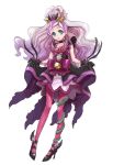  1girl black_dress black_gloves blue_eyes commentary_request cure_flora dark_persona dress frilled_dress frills full_body gloves go!_princess_precure haruno_haruka highres holding_own_dress leggings magical_girl pink_leggings precure purple_hair sharumon solo tiara white_background 