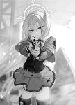  1girl blood blood_on_face blue_archive bow bowtie closed_mouth comiket_108 commentary_request cowboy_shot gun h&amp;k_p30 halo handgun head_wings highres holding holding_weapon long_hair looking_at_viewer ruins shirt single_head_wing skirt solo suzumi_(blue_archive) tax_(zeita_gundam) thighhighs torn_clothes torn_thighhighs weapon wings zettai_ryouiki 