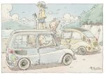  4girls =_= bangs_pinned_back black_eyes black_hair blue_car blue_shorts border brown_car brown_hair bug car closed_mouth commentary cutoffs day driving fishing_rod flower half-closed_eyes holding holding_fishing_rod kogure_yuzuha kotesashi_yayoi ladybug long_hair looking_afar looking_at_another looking_at_viewer looking_to_the_side low_twintails mima_nonoka momose_riko motor_vehicle multiple_girls ocean open_mouth outdoors outside_border red_shorts sandals sekihan shading_eyes shirt short_shorts short_twintails shorts signature simple_bird smile smirk standing standing_on_one_leg station_wagon striped_tank_top subaru_(brand) subaru_360 tank_top topknot twintails white_border white_shirt wristband yellow_tank_top zesshaka!_shiritsu_yotsuwa_joshi_gakuin_zetsumetsu_kigu-sha_gakka 