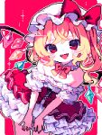  1girl ahiru_tokotoko alternate_costume blonde_hair bow bowtie commentary_request crystal crystal_wings dress flandre_scarlet frilled_dress frills hat hat_bow highres leaning_forward long_hair looking_at_viewer mob_cap multicolored_wings off-shoulder_dress off_shoulder one_side_up open_mouth pixel_art red_bow red_bowtie red_dress red_eyes smile solo touhou white_hat wings 