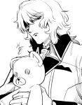  1boy ascot coat commentary_request formal_clothes gloves hair_between_eyes holding holding_stuffed_toy looking_at_viewer male_focus medium_hair messy_hair metarogu monochrome sketch solo stuffed_animal stuffed_toy teddy_bear tsukihime tsukihime_(remake) upper_body vlov_arkhangel 