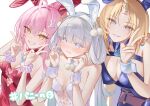  3girls aemeath_(wuthering_waves) ahoge alternate_costume animal_ear_hairband animal_ears blue_eyes blue_leotard blush breasts chigusa7h cleavage commentary_request double_v embarrassed fake_animal_ears fleurdelys_(wuthering_waves) grin hair_ornament hair_rings hairband hands_up highres jinhsi_(wuthering_waves) large_breasts leotard looking_at_viewer multiple_girls orange_eyes parted_lips pink_hair rabbit_ear_hairband rabbit_ears smile star-shaped_pupils star_(symbol) symbol-shaped_pupils tacet_mark_(wuthering_waves) v white_hair wuthering_waves 