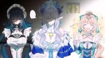  ... 3girls :d absurdres anastasya_feodorovna_snezhnaya bare_shoulders blue_eyes blue_hair breasts cleavage commentary crisosstomo danica_(genshin_impact) earrings expressionless facing_viewer genshin_impact grey_hair highres jewelry large_breasts long_sleeves looking_at_viewer maid maid_headdress meme multiple_girls open_mouth pointy_ears smile spoken_ellipsis teeth three-headed_dragon_(meme) upper_teeth_only vesna_(genshin_impact) waving 