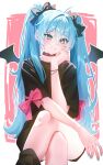  1girl absurdres ahoge bat_wings black_bow black_choker black_shirt black_socks blue_eyes blue_hair blush border bow choker closed_mouth commentary crossed_legs double-parted_bangs feet_out_of_frame hair_between_eyes hair_bow hair_intakes hatsune_miku head_rest highres inosia long_hair looking_at_viewer outline outside_border pink_background pink_bow shirt short_sleeves sidelocks simple_background sitting smile socks solo twintails very_long_hair vocaloid white_border white_outline wings 