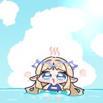  1girl blonde_hair blue_eyes blue_one-piece_swimsuit blush cartethyia_(wuthering_waves) chibi chibi_only cloud commentary_request highres long_hair looking_ahead one-piece_swimsuit open_mouth parted_bangs partially_submerged pointy_ears sky solo swim_ring swimsuit syurikenmaru tacet_mark_(wuthering_waves) very_long_hair water wuthering_waves 