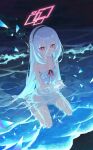 1girl absurdres alternate_costume beach black_hairband blue_archive commentary_request cupping_hands double-parted_bangs dress hair_between_eyes hairband half_updo halo highres kei_(blue_archive) kei_(student)_(blue_archive) kneeling korean_commentary long_hair long_hair_between_eyes looking_at_viewer loosely_tucked_bangs night own_hands_together pink_halo rectangular_halo ringed_eyes sleeveless sleeveless_dress solo spaghetti_strap strap_slip sundress u.rang white_dress white_hair 