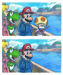  1girl 2boys :o arms_behind_back artist_logo artist_name bird black_coat blonde_hair blue_eyes blue_sky bow bowtie building cloud coat commentary crown day dress english_commentary facial_hair harbor hat highres holding holding_staff logo mario mario_&amp;_luigi:_partners_in_time mario_&amp;_luigi_rpg mario_(series) multiple_boys mustache outdoors parted_lips photo-referenced pince-nez pink_dress princess_peach purple_veil red_bow red_bowtie red_hat sky staff standing the_commissar_vanishes toadsworth veil watermark yinyanggio14 yoshi 