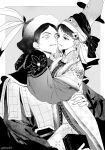  1boy 1girl absurdres armor black_hair blush boqta commentary_request fur_trim greyscale hat hetero highres husband_and_wife issac0714 jewelry korean_commentary lamellar_armor long_sleeves mongolian_clothes monochrome pteruges robe short_hair sleeves_past_fingers sleeves_past_wrists smile sorghaghtani_(tenmaku_no_jaadugar) tenmaku_no_jaadugar tolui_(tenmaku_no_jaadugar) 