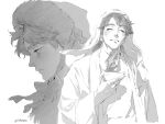  1boy bags_under_eyes braid chinstrap closed_eyes cup fur_trim greyscale hat highres holding holding_cup kakuzta long_hair long_sleeves male_focus mongolian_clothes monochrome ogedei_(tenmaku_no_jaadugar) profile robe simple_background smile tenmaku_no_jaadugar twin_braids twitter_username wide_sleeves 