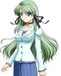 1girl 2000s_(style) blue_eyes casual choker closed_mouth expressionless frown game_asset green_hair hair_ribbon jacket kagashima_itsuki large_variant_set long_hair mahou_senshi_(series) mahou_senshi_elixir_knights non-web_source official_art ribbon saitou_natsuki self-datamine serious simple_background skirt solo tachi-e transparent_background variant_set 