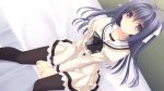  1girl bed_sheet black_bow black_bowtie black_pantyhose blue_hair bow bowtie buttons closed_mouth double_bowtie dutch_angle frilled_skirt frilled_sleeves frills from_above game_asset grey_bow grey_bowtie hair_bow hair_intakes indoors juliet_sleeves long_hair long_sleeves looking_at_viewer miniskirt multiple_hair_bows non-web_source official_art on_bed pantyhose pigeon-toed plaid_bow plaid_bowtie plaid_clothes pleated_skirt puffy_sleeves purple_eyes sailor_collar sakurakouji_atre school_uniform self-datamine shirt sitting skirt solo suzuhira_hiro tsuki_ni_yorisou_otome_no_sahou_2 two_side_up v_arms white_bow white_sailor_collar white_shirt 