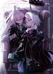  2girls absurdres ahoge black_horns blue_archive blue_eyes blush commentary_request demon_horns demon_wings dress earrings elbow_gloves evening_gown gloves halo heterochromia highres hina_(blue_archive) hina_(dress)_(blue_archive) horns hoshino_(blue_archive) jewelry long_hair multiple_girls official_alternate_costume official_alternate_hairstyle open_mouth pink_hair pink_halo purple_dress purple_eyes purple_gloves qwamatono999 shirt strapless strapless_dress white_hair wings yellow_eyes 