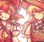  2girls ascot black_hat black_vest blonde_hair bow braid brown_hair chinese_commentary closed_eyes closed_mouth collared_shirt commentary_request detached_sleeves facing_viewer frilled_bow frilled_hair_tubes frills hair_bow hair_tubes hakurei_reimu hat kirisame_marisa long_hair looking_at_viewer mowuze multiple_girls open_mouth puffy_short_sleeves puffy_sleeves red_bow shirt short_sleeves side_braid single_braid smile touhou upper_body vest white_bow white_shirt witch_hat yellow_ascot yellow_eyes 