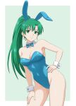  1girl alternate_costume animal_ear_hairband animal_ears aqua_bow aqua_bowtie aqua_leotard armpits ass_visible_through_thighs bare_arms bare_legs bare_shoulders border bow bowtie breasts cleavage collar collarbone commentary_request covered_navel detached_collar earrings fake_animal_ears fire_emblem fire_emblem:_the_blazing_blade green_background green_eyes green_hair groin hair_tie hairband hand_on_own_hip hand_on_own_thigh high_ponytail highleg highleg_leotard highres jewelry leotard long_hair looking_at_viewer lyn_(fire_emblem) medium_breasts outside_border playboy_bunny ponytail rabbit_ears sentihistory sideboob smile solo split_mouth thighs very_long_hair white_border white_collar wide_hips wing_collar wrist_cuffs 
