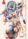  1girl absurdres american_flag_legwear ass asymmetrical_legwear blonde_hair blue_eyes boots breasts collar elbow_gloves emblem english_text garter_straps gloves headgear highres iowa_(kancolle) kantai_collection large_breasts long_hair metal_collar miniskirt mismatched_legwear one_eye_closed rudder_footwear signal_flag skirt smile star-shaped_pupils star_(symbol) striped_clothes striped_skirt striped_thighhighs symbol-shaped_pupils thighhighs vertical-striped_clothes vertical-striped_skirt vertical-striped_thighhighs very_long_hair ye_fan 