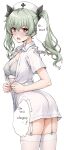  1girl alternate_costume alternate_language anchovy_(girls_und_panzer) black_ribbon bra breasts bright_pupils commentary_request covered_nipples elf_(stroll_in_the_woods) english_text garter_straps girls_und_panzer green_hair grey_bra hair_between_eyes hair_ribbon hat highres looking_at_viewer medium_breasts medium_hair nurse nurse_cap red_eyes ribbon shirt short_sleeves simple_background solo speech_bubble standing thighhighs twintails underwear white_background white_garter_straps white_hat white_pupils white_shirt white_thighhighs 