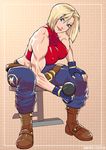  1girl belt blue_eyes blue_mary bob_cut boots breasts collarbone covered_nipples danusko dumbbell erect_nipples exercise fatal_fury fingerless_gloves gloves halter_top halterneck highres hips king_of_fighters knees large_breasts legs muscle pants short_hair sitting smile snk solo the_king_of_fighters 