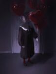  1girl absurdres alternate_costume balloon black_dress commentary door dress full_body glowing glowing_eyes heart_balloon highres holding holding_balloon indoors long_sleeves looking_at_viewer neck_ribbon red_eyes revision ribbon rumia sawararado shadow short_hair solo touhou 
