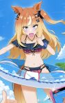  6+girls absurdres animal_ears bare_shoulders beach bikini blue_eyes blue_sky blush braid breasts brown_hair cellphone cloud commentary_request copano_rickey_(umamusume) espoir_city_(umamusume) furioso_(umamusume) hair_ornament highres hitempo hokko_tarumae_(umamusume) holding holding_phone horse_ears horse_girl horse_tail livestream long_hair looking_at_viewer multicolored_hair multiple_girls navel ocean one_side_up open_mouth orange_hair outdoors phone pink_bikini sky small_breasts smart_falcon_(umamusume) smartphone solo_focus stomach swim_ring swimsuit tail twin_braids umamusume water white_hair wonder_acute_(umamusume) 