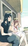  angel angel_wings black_hair black_shirt blue_sky brain_freeze brown_hair closed_eyes cup disposable_cup disposable_ice_cream_cup dress eating feathered_wings food glowing glowing_halo haibane_renmei halo highres ice_cream long_hair long_skirt oisiiidoo on_bench orange_sailor_collar popsicle rakka_(haibane_renmei) reki_(haibane_renmei) sailor_collar sailor_dress shirt short_hair short_sleeves sitting skirt sky spoon traditional_halo wings wooden_spoon 