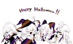  4girls bat_wings blush bow closed_eyes commentary_request crystal elis_(touhou) fang fingernails flandre_scarlet hair_bow halloween halloween_costume happy_halloween hat highres kurumi_(touhou) long_fingernails long_hair multiple_girls one_eye_closed open_mouth pointy_ears remilia_scarlet roamu_65 sharp_fingernails short_hair siblings side_ponytail simple_background sisters skin_fang smile touhou touhou_(pc-98) trait_connection white_background wings witch_hat 