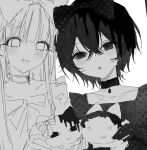  2girls 8chi2ya :o blunt_bangs bow cat choker collarbone crossed_bangs frilled_choker frilled_hairband frills gloves greyscale hair_bow hairband holding holding_stuffed_toy large_bow lolita_fashion lolita_hairband long_hair monochrome multiple_girls open_mouth original polka_dot polka_dot_shirt portrait shirt short_hair sidelocks simple_background sketch stuffed_toy unfinished white_background 