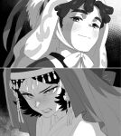  1boy 1girl angry blush chinstrap clenched_teeth closed_mouth commentary_request greyscale hat highres husband_and_wife jewelry mongolian_clothes monochrome ogedei_(tenmaku_no_jaadugar) robe smile tearing_up teeth tenmaku_no_jaadugar toregene_(tenmaku_no_jaadugar) v-shaped_eyebrows yokosima23 
