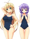  amau_(kosmos) blonde_hair blue_swimsuit breast_envy breasts competition_school_swimsuit covered_nipples frown green_eyes hair_bobbles hair_ornament large_breasts multiple_girls one-piece_swimsuit purple_eyes purple_hair school_swimsuit simple_background smile smirk smug swimsuit thigh_gap tsurumaki_maki vocaloid voiceroid white_background yuzuki_yukari 