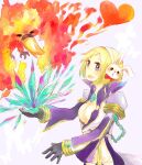  1girl bird black_gloves blonde_hair blush breasts cleavage coat commentary_request dormir_(challco) earmuffs fire gloves heart kasa_(ragnarok_online) large_breasts looking_at_viewer open_clothes open_coat open_mouth purple_background purple_coat purple_eyes rabbit_earmuffs ragnarok_online shirt short_hair smile solo upper_body warlock_(ragnarok_online) white_shirt 