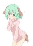  alternate_costume animal_ears blush bottomless flying_sweatdrops green_eyes green_hair kasodani_kyouko looking_at_viewer naked_sweater no_pants ribbed_sweater shino_megumi short_hair simple_background solo sweater tail touhou white_background 