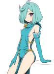  1girl ahoge anemo_nemo aqua_dress aqua_hair blush breasts closed_mouth commentary dress elbow_gloves gloves hair_over_one_eye highres invisible_chair leberblume looking_at_viewer mahou_shoujo_ni_akogarete medium_breasts purple_eyes serious shirt short_hair sideboob sitting star_(symbol) suzunari_sakuya white_background 