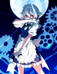  1girl apron back_bow blue_dress bow braid collared_shirt commentary_request dress dual_wielding frilled_dress frills full_moon gears green_bow grey_hair hair_bow highres holding holding_knife inuno_rakugaki izayoi_sakuya knife long_hair looking_at_viewer maid maid_headdress moon night pinafore_dress puffy_short_sleeves puffy_sleeves red_eyes reverse_grip roman_numeral shaded_face shirt short_sleeves sleeveless sleeveless_dress solo touhou twin_braids waist_apron white_apron white_bow white_shirt 