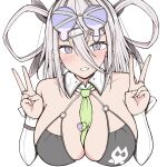  1girl animal_ears azuki_(ne_4zk) bare_shoulders black_one-piece_swimsuit blush breasts cleavage commentary detached_collar detached_sleeves double_v eyewear_on_head fake_animal_ears fate/grand_order fate_(series) grey_eyes grey_hair grin hair_between_eyes hair_ornament hair_rings hairclip highres huyan_zhuo_(fate) huyan_zhuo_(swimsuit_berserker)_(fate) large_breasts long_hair looking_at_viewer low_twintails necktie one-piece_swimsuit smile solo sunglasses swimsuit textless_version twintails v very_long_hair 