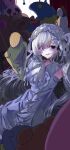  1girl @_@ bow bowtie clothing_cutout commentary_request crying crying_with_eyes_open drawing_mannequin dress frilled_dress frilled_hairband frilled_sleeves frills hair_over_one_eye hairband highres lolita_hairband long_hair long_sleeves looking_at_viewer mahou_shoujo_no_majo_saiban minna_de_zutto_shiawase_ni_kazoku_de_issho_ni_tanoshii_party_wo natsume_an-an official_alternate_costume open_mouth poyoko09 puppet_strings purple_eyes see-through_hair shoulder_cutout sleeve_bow sleeves_past_fingers sleeves_past_wrists solo spoilers stuffed_toy tears white_bow white_bowtie white_dress white_hair white_hairband wide_sleeves 
