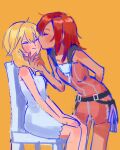  2girls absurdres arm_behind_back bare_shoulders chair closed_eyes closed_mouth commentary dress hair_between_eyes hand_on_another's_chin highres kairi_(kingdom_hearts) kingdom_hearts kiss kissing_cheek medium_hair multiple_girls namine on_chair pink_dress sitting sleeveless sleeveless_dress white_dress yellow_background yomyompi yuri 
