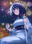  1girl absurdres ahoge blue_eyes blue_hair blue_kimono blue_sash blurry blurry_background blush chinese_commentary commentary_request cup dango disposable_cup fireworks food highres holding holding_cup holding_skewer japanese_clothes kimono looking_at_viewer make_heroine_ga_oo_sugiru! medium_hair night sash sausage shaved_ice skewer smile solo summer_festival wagashi xiongji_z_z yanami_anna 