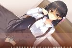  1girl black_hair black_thighhighs blush brown_skirt cafe_stella_to_shinigami_no_chou character_name collarbone collared_shirt commentary cowboy_shot d: disgust dress_shirt dutch_angle earrings eyelashes eyes_visible_through_hair flower furrowed_brow hair_behind_ear hair_between_eyes hair_flower hair_ornament hair_ribbon hairclip hand_up high-waist_skirt highres indoors jewelry knee_up leg_ribbon long_hair long_sleeves looking_at_viewer mole mole_under_eye official_style on_bed open_mouth otoroku8271 parallel_hairclips pink_ribbon red_ribbon ribbon rose shaded_face shiki_natsume shirt sidelocks sitting skirt solo straight_hair stud_earrings suspender_skirt suspenders thigh_ribbon thighhighs translated variant_set very_long_hair video_game_dialogue_box white_flower white_rose white_shirt yellow_eyes zettai_ryouiki 