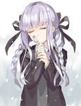  braid closed_eyes coat danganronpa danganronpa_kirigiri flower hair_ribbon karuha kirigiri_kyouko purple_hair ribbon rose snowing twin_braids vial younger 