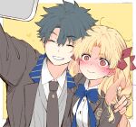  1boy 1girl @_@ ^_^ azumi_(myameco) black_hair black_necktie blonde_hair blush cellphone closed_eyes commentary ereshkigal_(fate) fate/grand_order fate_(series) fujimaru_ritsuka_(male) fujimaru_ritsuka_(male)_(chaldea_academy_school_uniform) grin hair_ribbon holding holding_phone long_hair long_sleeves necktie phone red_eyes red_ribbon ribbon school_uniform selfie short_hair simple_background smile two_side_up untranslatable_commentary yellow_background 