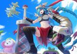  1girl ankle_boots aqua_hair arm_snake armor armpits bikini bikini_armor bikini_top_only black_boots black_shorts black_thighhighs blue_eyes blue_sky boots braid breasts cape character_request cleavage closed_eyes closed_mouth cloud commentary day digimon digimon_(creature) digimon_xros_wars dragonwilbert dual_wielding energy_gun english_commentary floating floating_hair gun hair_between_eyes hair_over_one_eye hair_ribbon halo helmet highres holding holding_gun holding_weapon huge_weapon large_breasts living_weapon long_hair looking_at_viewer luminamon mervamon midriff navel non-humanoid_robot o-ring o-ring_top open_mouth outdoors parted_lips planted planted_sword purple_lips ray_gun red_cape red_ribbon ribbon robot robot_animal robot_bird saliva short_shorts shorts shoulder_pads shoulder_spikes sidelocks signature sky smile solo_focus sparrowmon spikes standing swimsuit sword teeth thighhighs tongue tongue_out torn_ribbon tress_ribbon twin_braids upper_teeth_only vambraces waist_cape weapon white_bikini winged_helmet yellow_eyes 