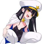  1girl black_hair black_leotard blue_nails breasts cloak commentary_request hat highres leotard lolibaba long_hair looking_at_viewer maorisu_henkyo_haku nebulashika_neutronstar_(maorisu_henkyo_haku) open_mouth original pantyhose peaked_cap playboy_bunny sharp_teeth small_breasts smile solo squatting teeth transparent_background white_pantyhose yellow_eyes 