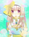  1girl arch_bishop_(ragnarok_online) blue_background blue_dress blush bow brown_hair cleavage_cutout clothing_cutout commentary_request cross dormir_(challco) dress hair_bow juliet_sleeves long_hair long_sleeves looking_at_viewer open_mouth pink_eyes puffy_sleeves ragnarok_online reaching reaching_towards_viewer sash solo two-tone_dress upper_body white_dress yellow_bow yellow_sash 