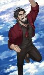 1boy above_clouds ahoge b_suke beard black_eyes black_facial_hair black_hair black_pants black_shirt blazer blue_sky brown_shoes clenched_hand cloud collared_shirt commentary_request earrings edward_teach_(academy_outfit)_(fate) edward_teach_(fate) facial_hair fate/grand_order fate_(series) foot_out_of_frame full_beard game_asset grin jacket jewelry lapels leg_up looking_at_viewer low_ponytail male_focus medium_hair midair mustache necktie official_art open_clothes open_jacket pants partial_commentary ponytail red_jacket red_necktie shirt shoes short_ponytail sky smile solo thick_eyebrows third-party_source tied_beard 
