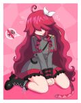  1girl ahoge alternate_hair_length_(longer) alternate_hairstyle between_legs black_boots blush boots border bow buttons commentary drill_hair drill_sidelocks english_commentary grey_jacket grey_skirt hair_bow hair_over_eyes hair_ribbon hand_between_own_legs highres jacket kaleislazy kasane_teto kasane_teto_(sv) long_hair red_hair red_trim ribbon shoulder_belt shy sidelocks sitting skirt sleeve_cuffs solo synthesizer_v utau wariza white_border white_bow white_ribbon 