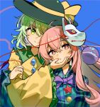  2girls black_hat blouse blue_background blue_shirt bow bowtie buttons chinese_commentary closed_mouth commentary diamond_button frilled_shirt_collar frills green_eyes green_hair hand_on_another's_face hat hat_ribbon hata_no_kokoro height_difference highres komeiji_koishi long_sleeves looking_at_viewer maisuiren multiple_girls pink_eyes pink_hair purple_bow purple_bowtie ribbon shirt smile touhou two-tone_shirt wide_sleeves yellow_ribbon yellow_shirt 