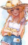  1girl absurdres animal animal_on_head apollosai artist_name baby_animal bag bird bird_on_head blonde_hair blue_background blue_skirt blush bracelet brown_eyes brown_hat chick commentary cowboy_shot crossed_arms dot_nose flat_chest flower flower_wristband hair_flower hair_ornament hair_ribbon handbag hat hat_flower highres holding holding_animal hololive hololive_dev_is hololive_dreams jewelry long_hair looking_at_viewer loose_hair_strand miniskirt multicolored_hair musical_note musical_note_print musical_staff musical_staff_print necklace official_alternate_costume on_head one_side_up open_mouth orange_hair otonose_kanade otonose_kanade_(breezy_smile_chords) ribbon shade shirt sidelocks simple_background skirt sleeveless sleeveless_shirt smile solo sun_hat sunflower teeth treble_clef twitter_username two-tone_background two-tone_hair untranslatable_commentary upper_teeth_only virtual_youtuber white_background white_bag white_ribbon white_shirt yellow_bird 
