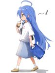  1girl :3 ahoge bag blue_bag blue_shorts clothes_writing coffee commentary_request cup drinking drinking_straw drinking_straw_in_mouth from_side full_body green_eyes gsa082rnw highres holding holding_bag holding_cup huge_ahoge invisible_floor izumi_konata long_hair looking_ahead lucky_star mole mole_under_eye musical_note number_print oversized_clothes raised_inner_eyebrows shadow shirt shoes short_sleeves shorts simple_background sneakers socks solo standing t-shirt very_long_hair walking white_background white_shirt white_socks yellow_shoes 